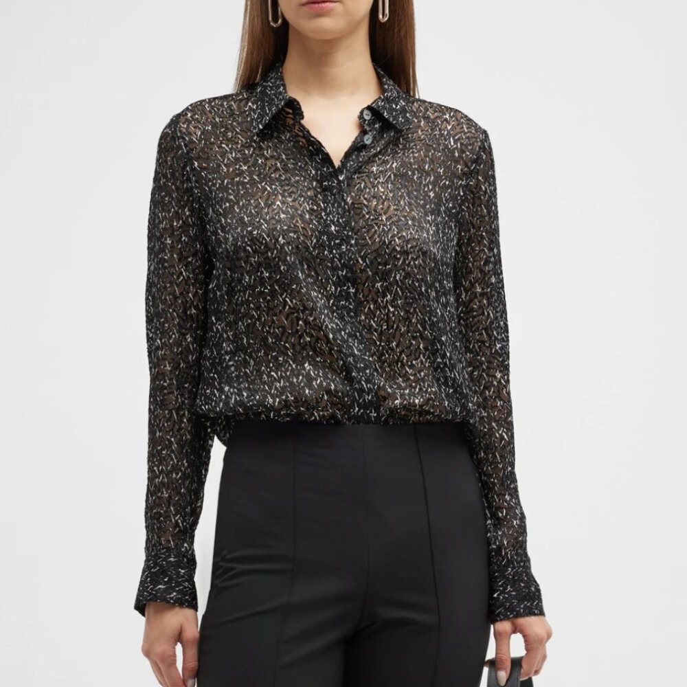 NWT Theory Chevron Burnout Button Silk Viscose Sheer Blouse Top, Black, Small